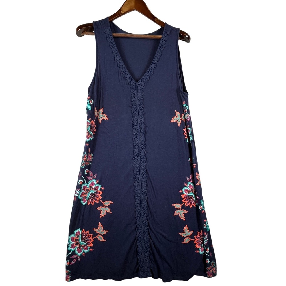 Womens L Vibrant Floral Lace Sleeveless Shift Dress Navy Boho Casual Briggs